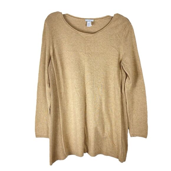 J. Jill Ribbed Side Slit Sweater Tunic Top Pullover Tan Sz Medium Cotton Stretch - Picture 1 of 7